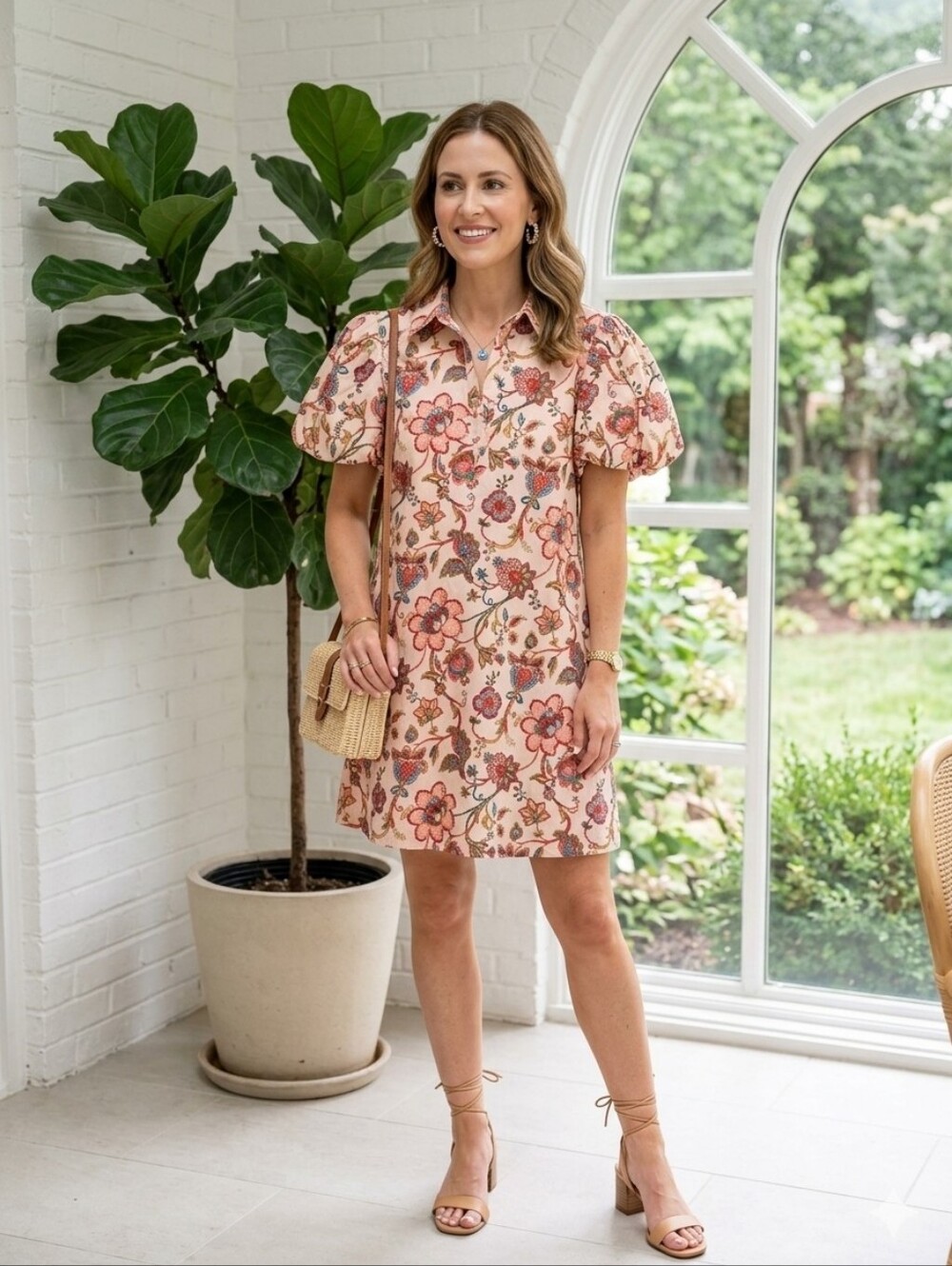 MSK Floral Puff-Sleeve Pink Shift Dress